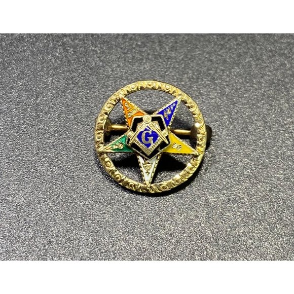 Eastern Star Patron Symbol Masonic 14k Lapel Pin Brooch Round Enamel 5/8 in - Picture 2 of 8